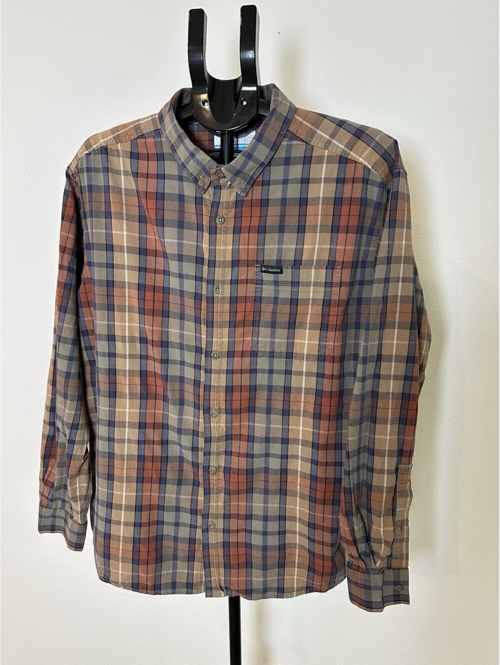 Columbia Mens XL Flannel Shirt Red Orange Plaid Button Down Long Sleeve 078